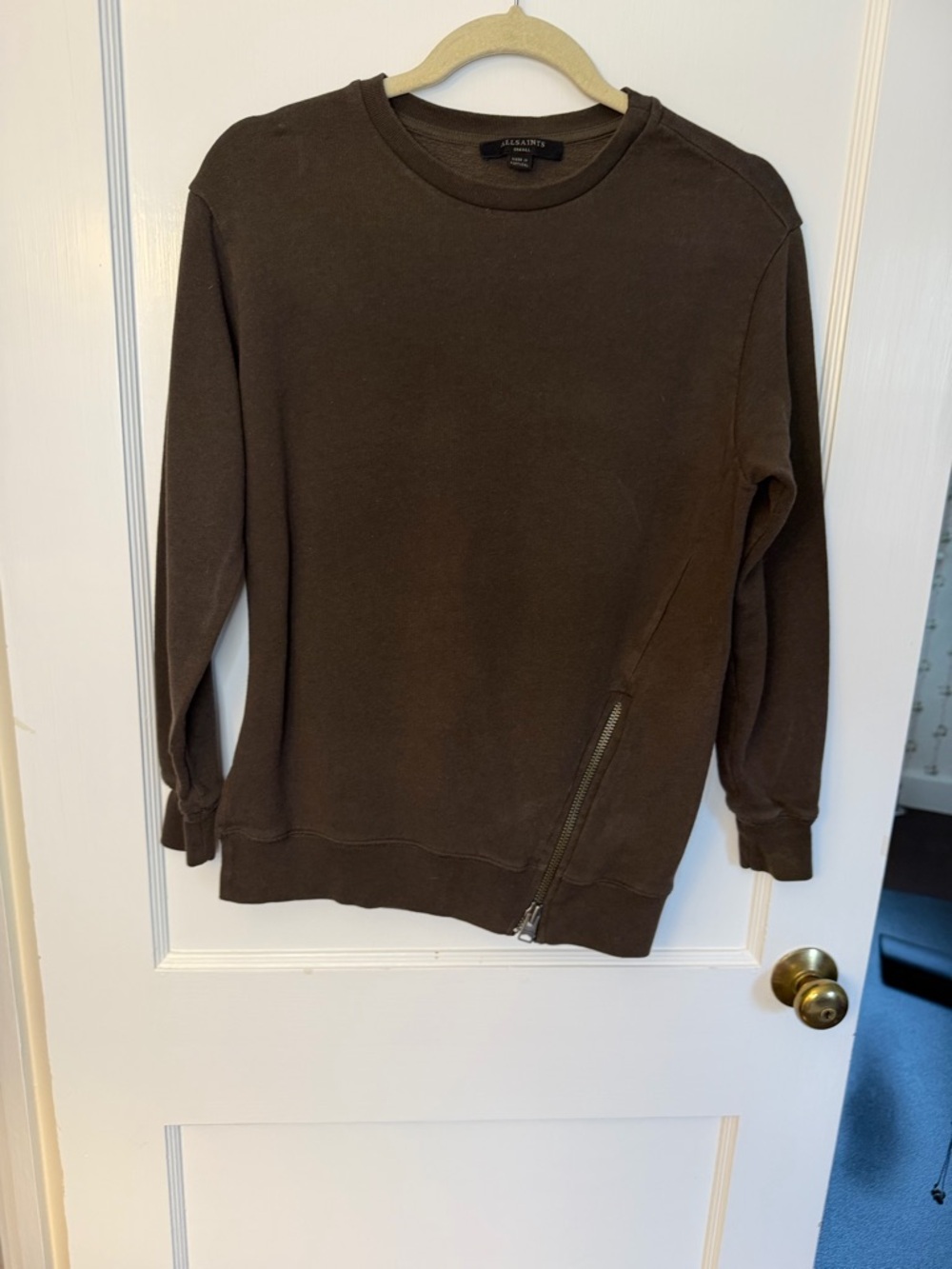 AllSaints Brown Jersey Pullover Sweatshirt Women’s Size S Zip Accent Crew Neck